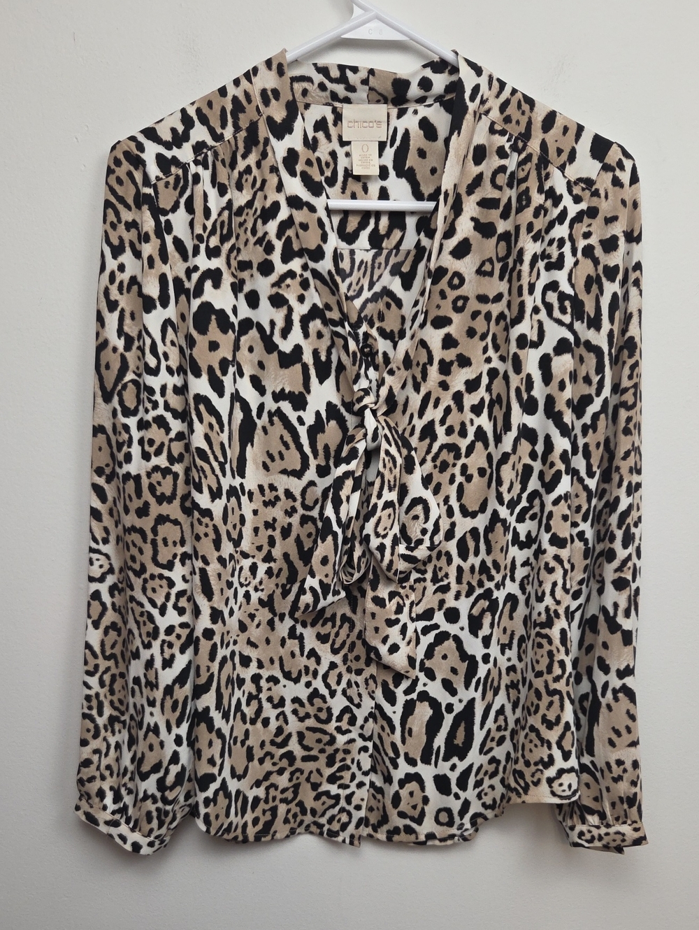 Chico's Animal Print Leopard Bow Tie Neck Blouse Business Casual Career - Size S